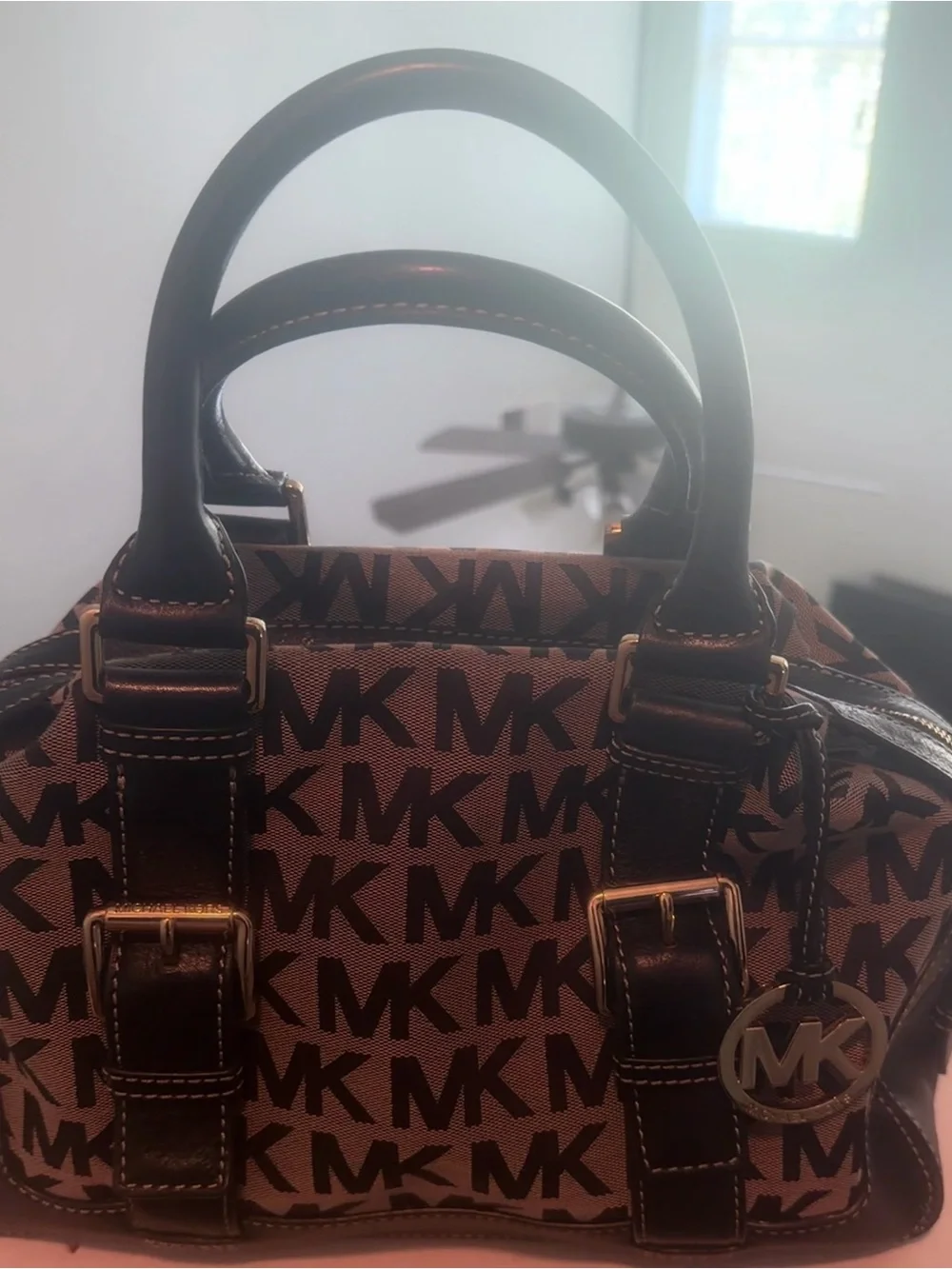 MK Logo Brown and Black Satchel with Gold-Tone Accents